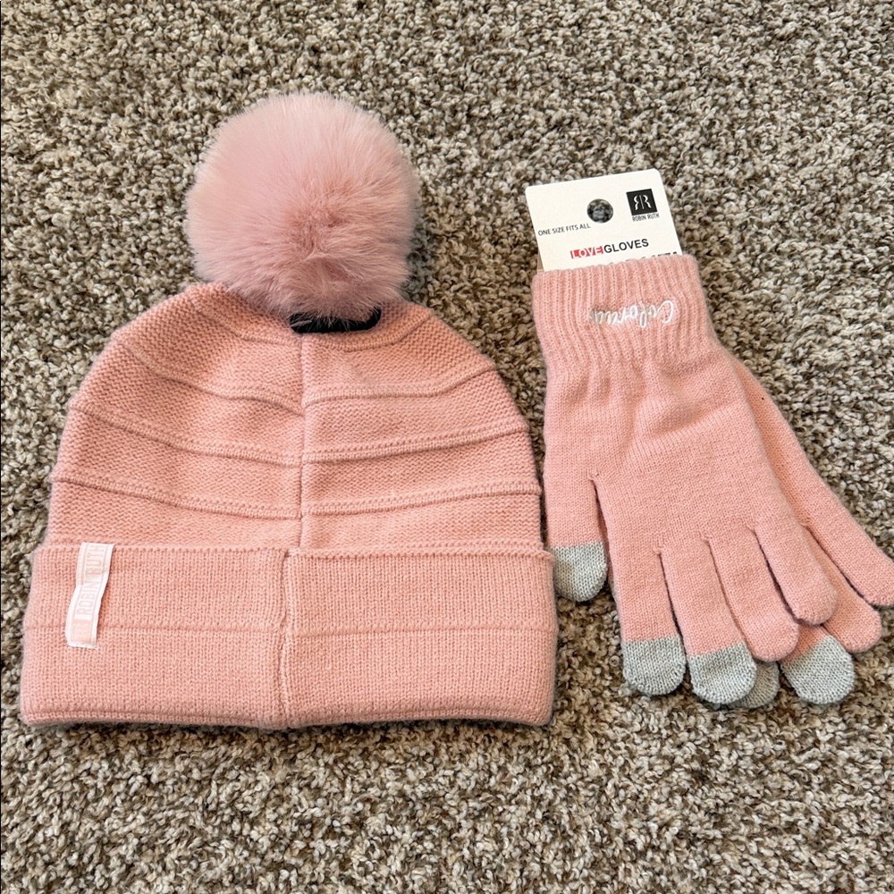 🌿 Robin Ruth Pink Knit Hat and Gloves Set